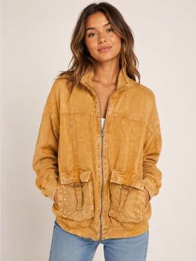 Forever 21 Jacket Womens L Yellow Good Faux Suede Zip Utility Pocket High Neck